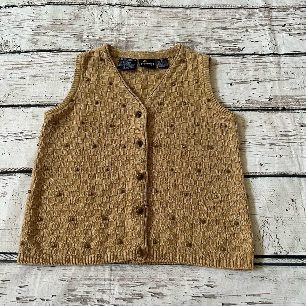 Vtg Lizsport Petite Knit Gold Metallic Vest Size S - Picture 11 of 12
